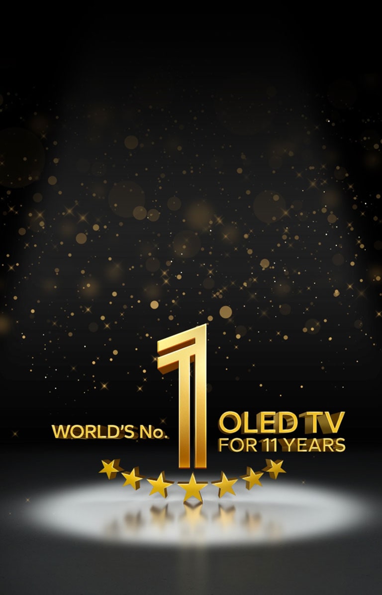 Emblema dourado da LG como a marca de TV OLED número um do mundo em 11 anos em um fundo preto.