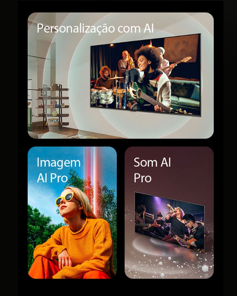 Três imagens quadradas são exibidas em uma fileira horizontal. À esquerda, uma imagem de uma TV da LG montada na parede em uma sala de estar, com um músico tocando guitarra na tela, acompanhado por gráficos de círculos concêntricos representando ondas sonoras, e as palavras “AI Customization” no canto superior esquerdo. No meio, uma imagem de uma mulher agachada do lado de fora, em um dia ensolarado, na frente de árvores e um céu azul, acompanhada pelas palavras "AI Picture Pro" no canto superior esquerdo. À direita, uma imagem de uma TV da LG com bolhas de áudio e ondas emanando da tela e preenchendo o espaço, acompanhada pela palavra "AI Sound Pro" no canto superior esquerdo.