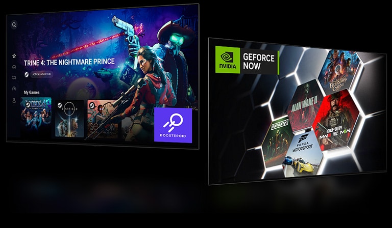 Uma imagem da tela inicial do Boosteroid mostrando "Trine 4: The Nightmare Price" e outra imagem da tela inicial do GeForce NOW mostrando cinco miniaturas de jogos diferentes.