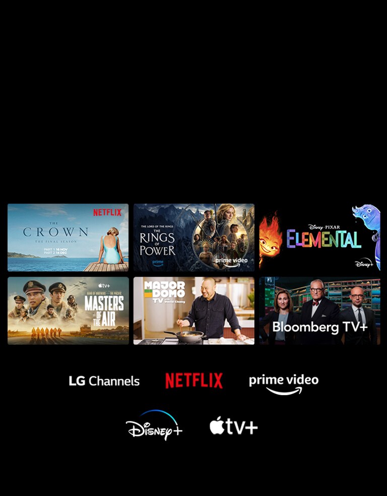 Seis miniaturas de filmes e programas de TV são exibidos com os logotipos do LG Channels, Netflix, Prime Video, Disney+ e Apple TV+ abaixo.