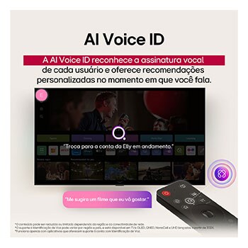 Vista ampla de uma sala de estar de alto padrão em tons suaves de terra. Na parede, há uma Smart TV 4K LG OLED AI B5 com uma obra de arte na tela. Uma LG Soundbar está montada embaixo dela. 