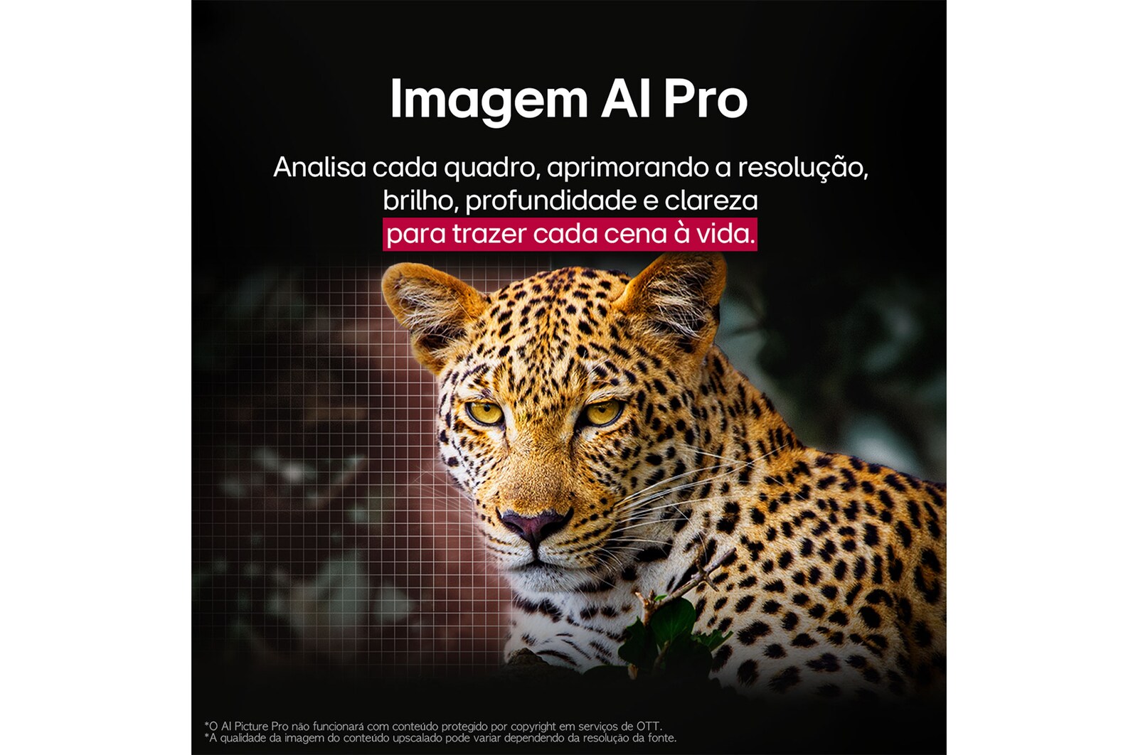 LG AI Magic Remote com o botão AI em destaque. Ao redor dele estão as diferentes funcionalidades que um usuário pode acessar a partir do botão. AI Voice ID, AI Search, AI Chatbot, AI Concierge, AI Picture Wizard e AI Sound Wizard. O texto explica que o LG AI Magic Remote completa sua experiência de IA com um botão AI dedicado e pode ser usado como um air mouse. Basta apontar e clicar.