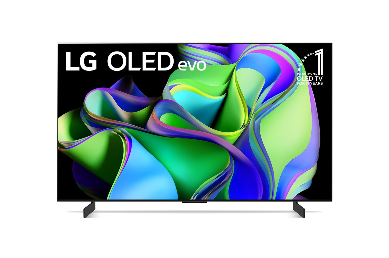Vista frontal da LG OLED evo com o emblema 11 Anos TV OLED Nº 1 no Mundo na tela.