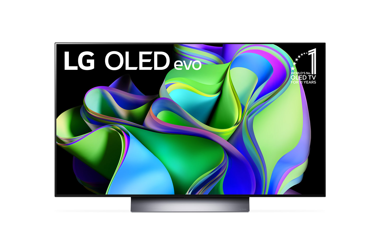 Vista frontal da LG OLED evo com o emblema 11 Anos  TV OLED Nº 1 no Mundo na tela.