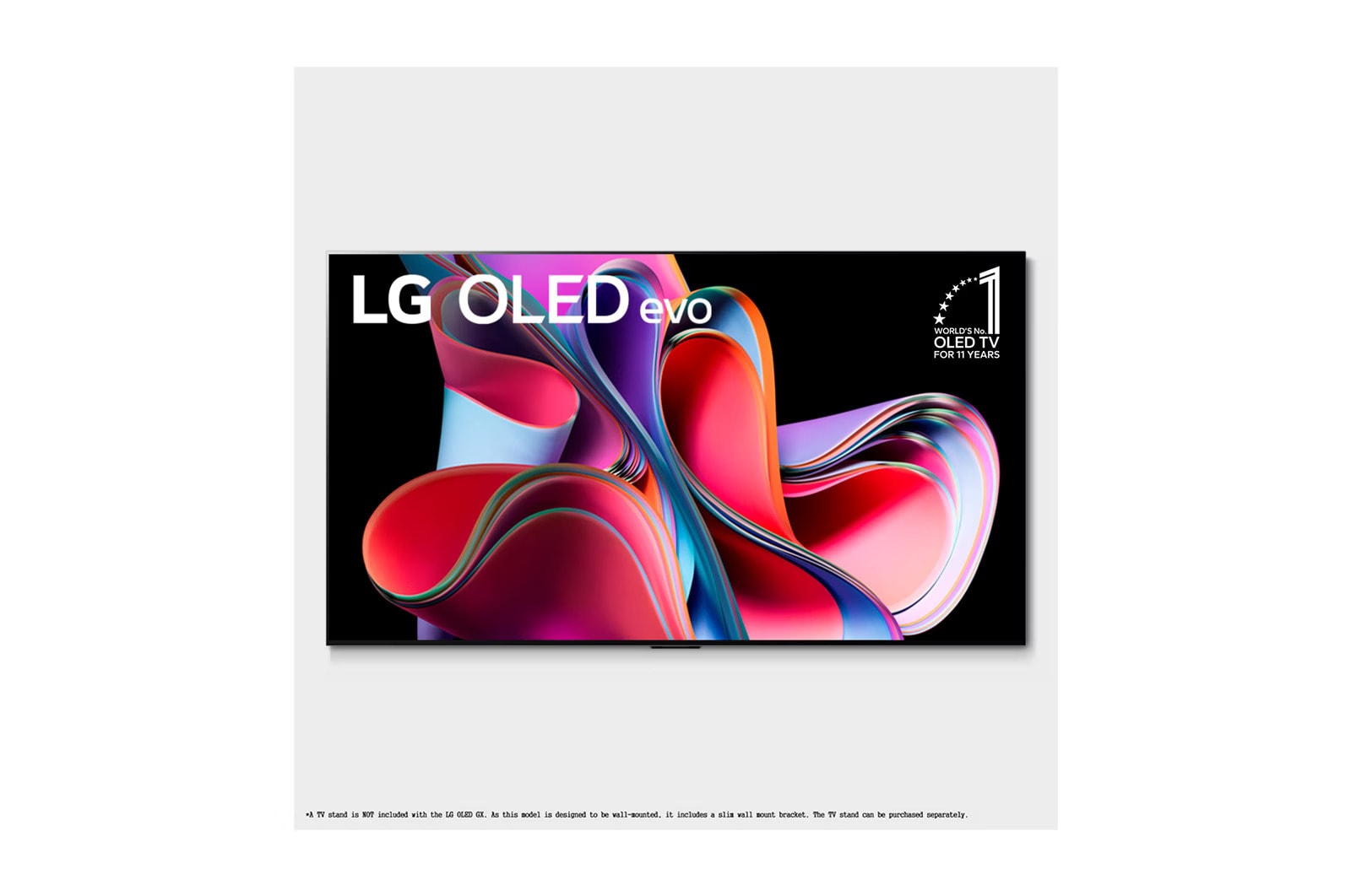 Vista frontal da LG OLED evo, com o emblema 11 Anos TV OLED Nº 1 no Mundo e o logotipo de 5 anos de garantia na tela