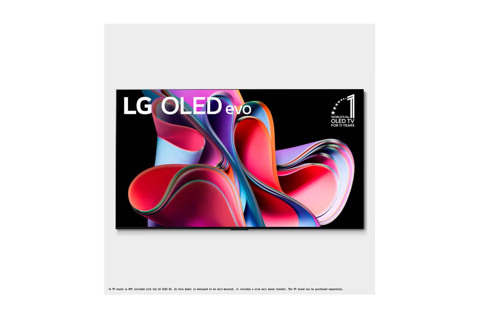 Vista frontal da LG OLED evo, com o emblema 11 Anos TV OLED Nº 1 no Mundo e o logotipo de 5 anos de garantia na tela