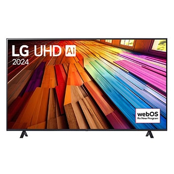 Vista frontal da TV LG UHD, UT80 com texto da LG UHD AI ThinQ, 2024 e o logo do programa webOS Re:New na tela