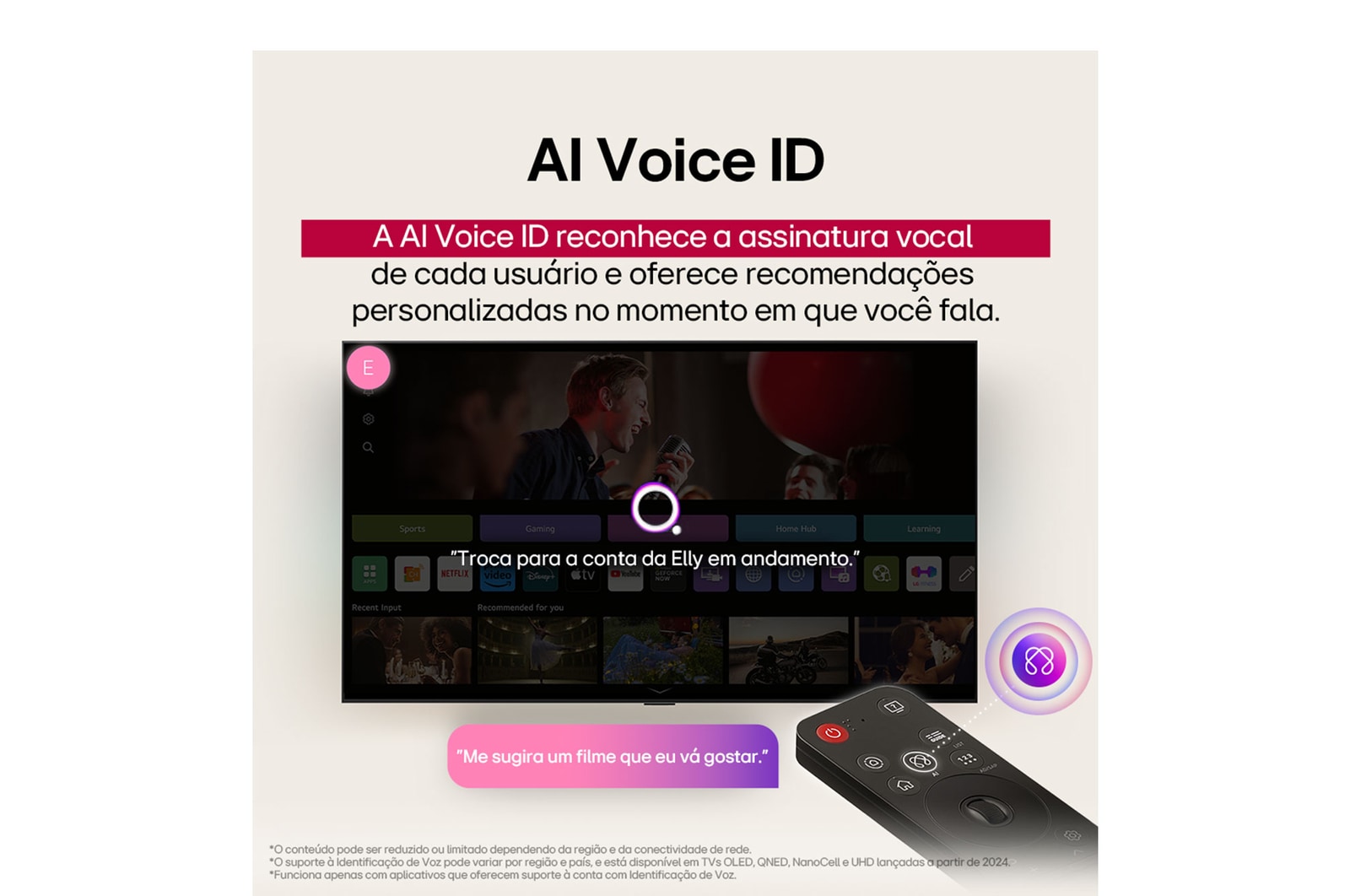 Um close da tela da LG TV mostrando como o AI Search funciona. Uma pequena janela de bate-papo está aberta, mostrando como o usuário perguntou quais partidas esportivas estão disponíveis. O AI Search responde por bate-papo, mostrando miniaturas dos conteúdos disponíveis. Há também um prompt para perguntar ao Microsoft Copilot. 