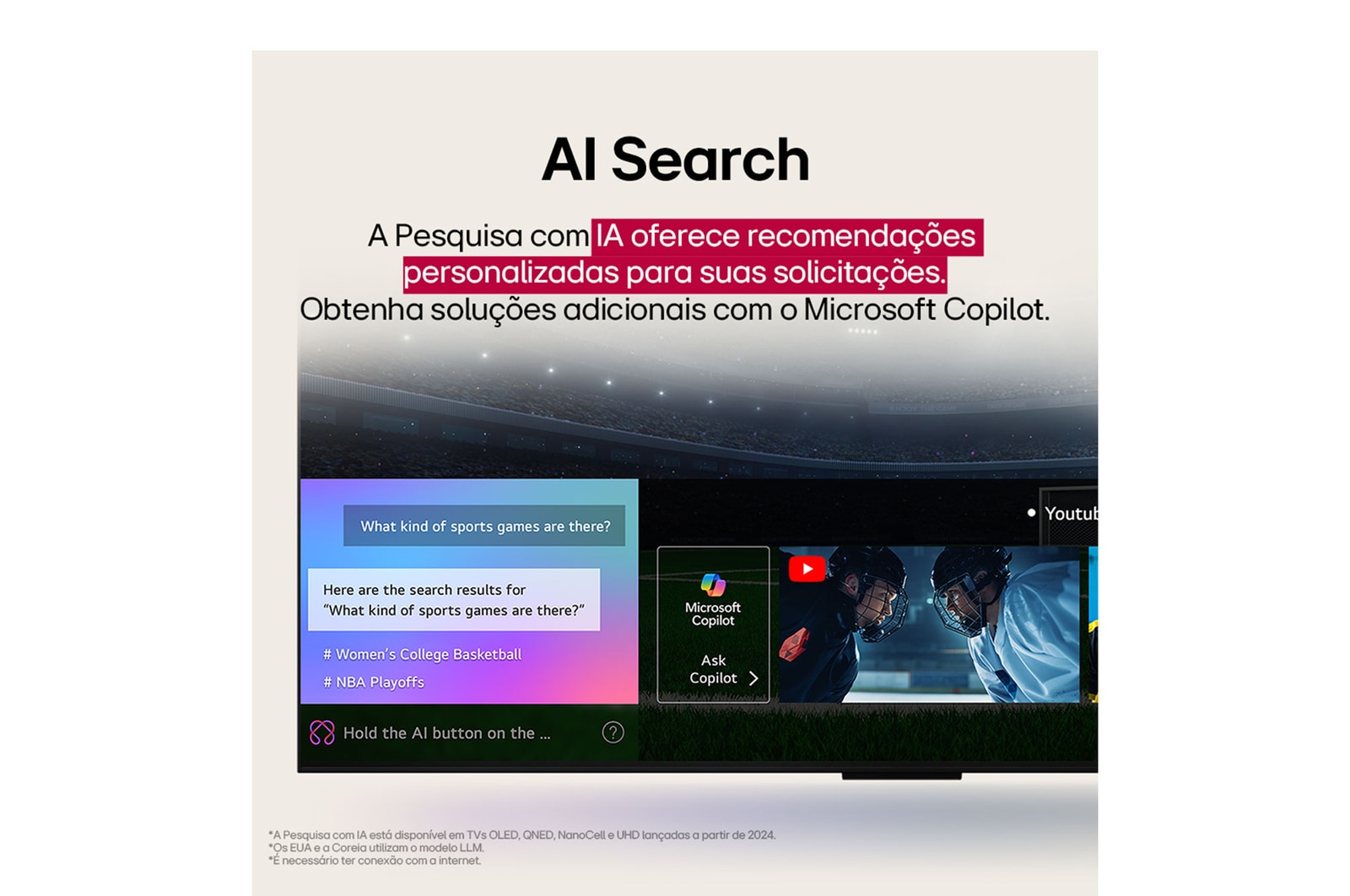 Um LG AI Magic Remote em frente à tela de uma LG TV. Uma saudação personalizada da LG AI é exibida na tela, com palavras-chave personalizadas baseadas na pesquisas do usuário e no histórico de visualização. Junto ao controle remoto há um ícone e um rótulo mostrando que a funcionalidade AI Concierge é facilmente acessível com um breve toque no botão AI. 
