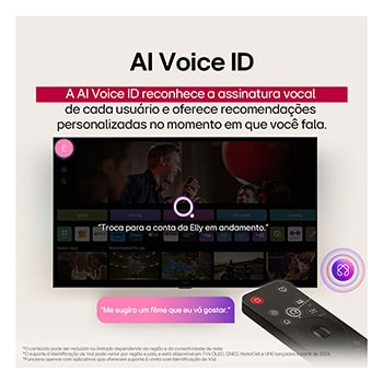 Um close da tela da LG TV mostrando como o AI Search funciona. Uma pequena janela de bate-papo está aberta, mostrando como o usuário perguntou quais partidas esportivas estão disponíveis. O AI Search responde por bate-papo, mostrando miniaturas dos conteúdos disponíveis. Há também um prompt para perguntar ao Microsoft Copilot. 