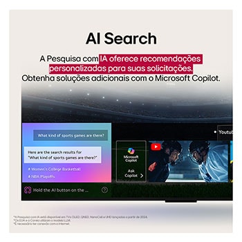 Um LG AI Magic Remote em frente à tela de uma LG TV. Uma saudação personalizada da LG AI é exibida na tela, com palavras-chave personalizadas baseadas na pesquisas do usuário e no histórico de visualização. Junto ao controle remoto há um ícone e um rótulo mostrando que a funcionalidade AI Concierge é facilmente acessível com um breve toque no botão AI. 