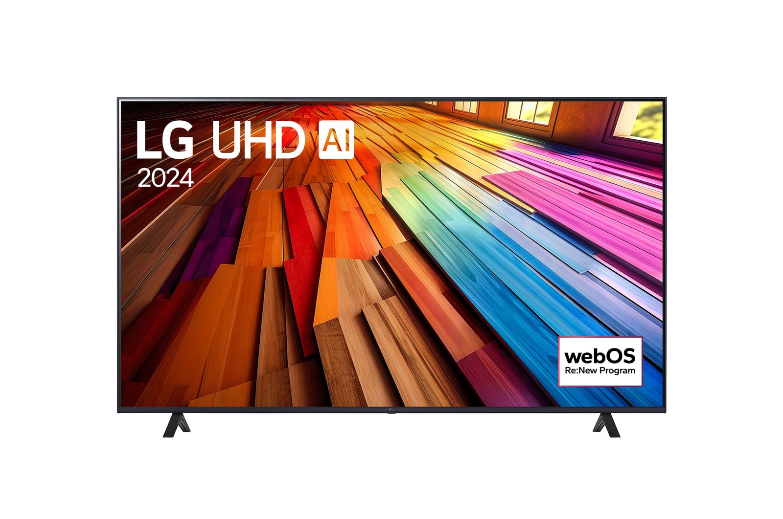 Vista frontal da TV LG UHD, UT80 com texto da LG UHD AI ThinQ, 2024 e o logo do programa webOS Re:New na tela