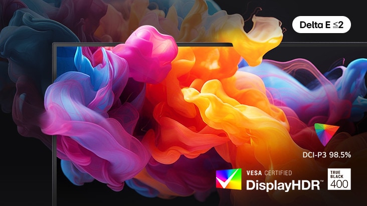 Detalhes realistas de DisplayHDR True Black 400 e DCI-P3 98,5%.
