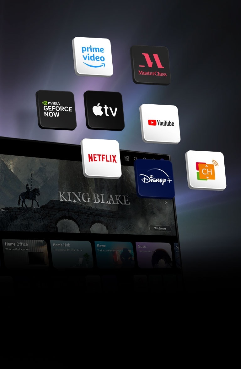 "A tela webOS da TV LG está em segundo plano, e 11 blocos flutuam nela. Cada bloco tem a imagem de um logotipo: Luna, Prime Video, Master Class, Les Mills, YouTube, Apple TV plus, Shoptime, Netflix, Disney plus, GeForce NOW e LG Channels."