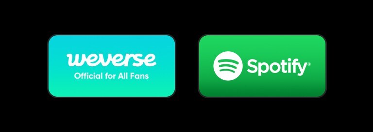 Há dois blocos, um com o logo Weverse e outro com o logo Spotify.