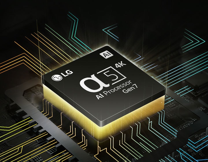 O Processador de AI Alpha 5 4K Gen7 da LG, com luz amarela emanando por baixo, e linhas coloridas de placa de circuito se ramificando a partir do Processador de AI.