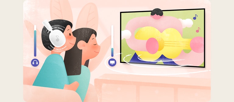 Ilustração de duas pessoas vendo uma apresentação musical na LG OLED. O menino está usando fones de ouvido com o volume alto. A mulher está ouvindo pelos alto-falantes da TV com o volume bem baixo.