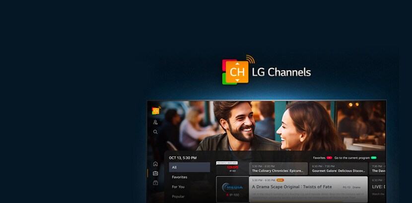 An LG TV shows the LG Channels home screen.