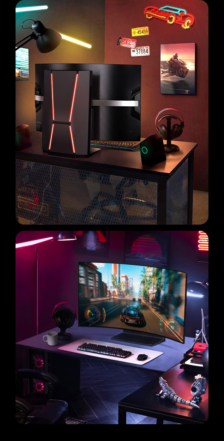 LG OLED Flex seen from behind in a colorful gaming room. The Shield Design is lit up with a red backlight. And another image shows LG OLED Flex seen from the front in a dark and purple-lit gaming room playing a racing game.