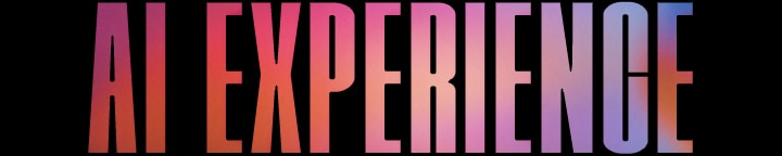 Text reading 'AI EXPERIENCE' in bold, capital letters with a gradient colour scheme ranging from pink and orange on the left to purple and blue on the right, set against a black background.