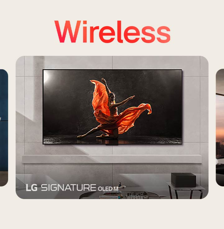 A selection of LG TVs rotate in the following order: LG Signature OLED M, LG Signature OLED T, LG OLED Flex, LG StandbyME, LG StandbyME GO, LG Posé, and LG Easel. All brand logos are embedded in the bottom left corner of each image.	