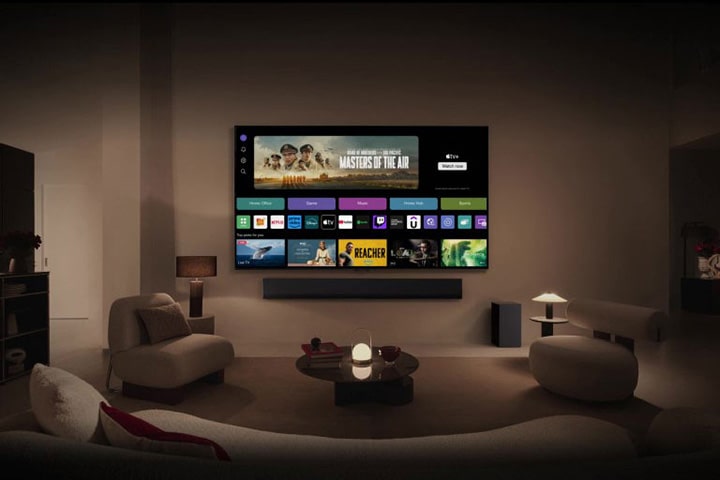 An image shows the webOS 24 home screen with Home Office, Game, Music, Home Hub, and Sports Categories. The bottom of the screen shows personalized recommendations under "Top picks for you."