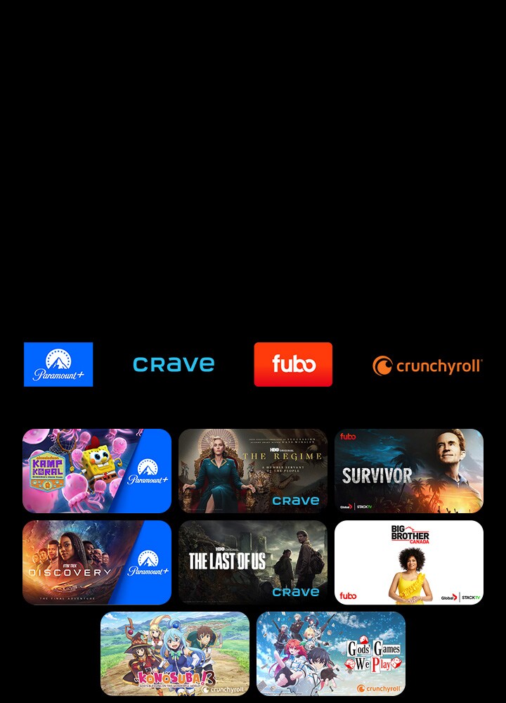 The Paramount+, Rakuten TV, ROXi, and Now logos appear in a row. Below them, there are posters for exclusive TV series and movies.