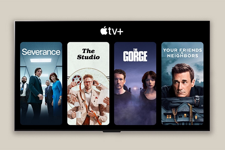 On LG TV, four TV show thumbnails (Severance, The Studio, The Gorge, and Your Friends and Neighbors) are placed below the Apple (logo) tv+.	