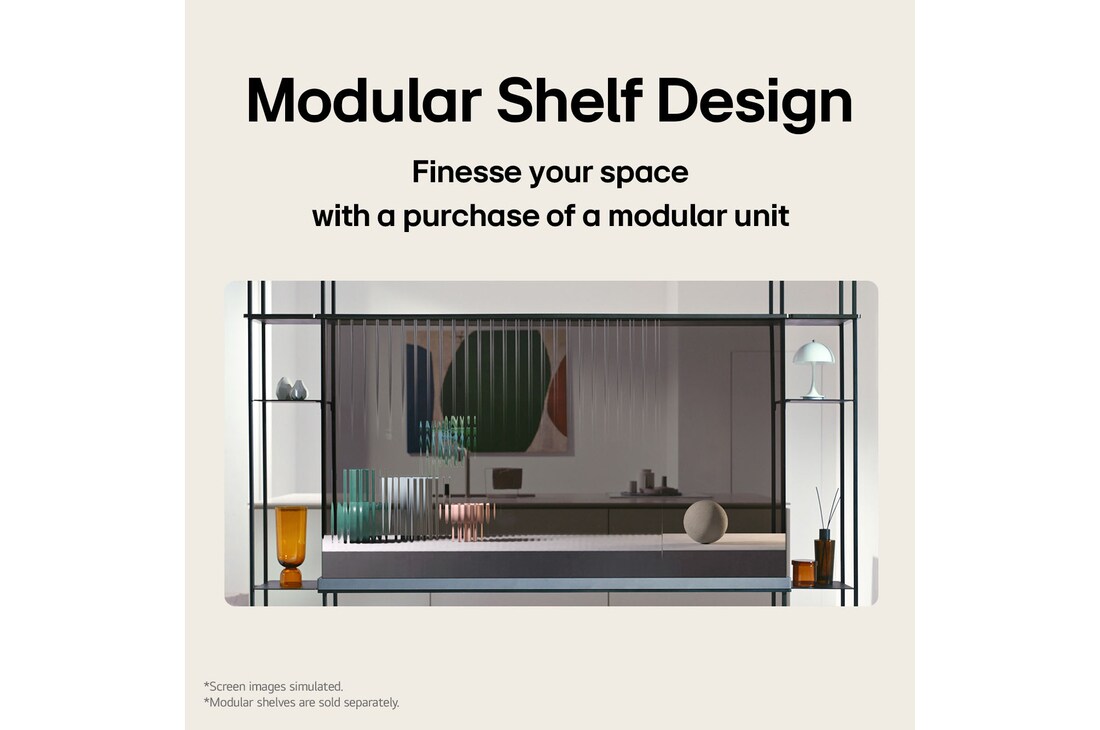 Front view of an LG SIGNATURE OLED T, featuring objects placed on the left and right modular shelving units.