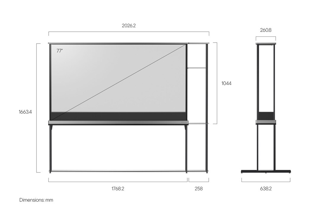 Front view of the LG SIGNATURE OLED T with an attached modular shelving unit and a side view of the LG SIGNATURE OLED T showing dimensions.