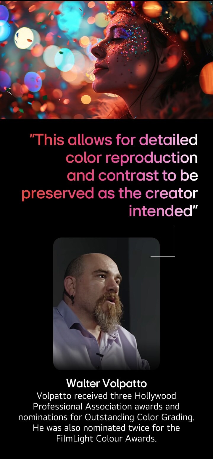 Human subject against a colorful background with bokeh. A quote from Walter Valpatto, a prominent cinematographer is highlighted talking about AI Director Processing, this allows for detailed color reproduction and contrast to be preserved as the creator intended.