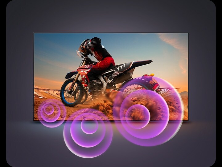 LG OLED TV depicts a man on a motorcycle with purple abstract circles coming out of the wheel to visualize sound emission.