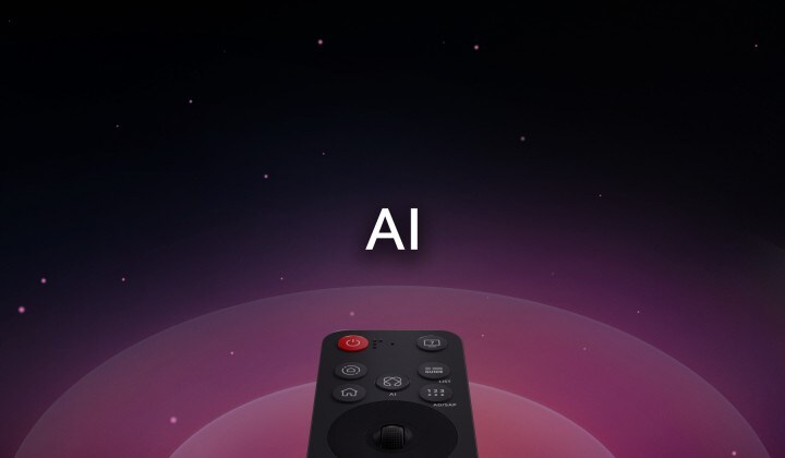 LG AI Magic Remote with the AI button highlighted. There is a graphic UI representation with icons of how the AI button allows users to access different AI functionality. The services include AI Voice ID, AI Search, AI Chatbot, AI Concierge, AI Picture Wizard, and AI Sound Wizard. Functionality is then showcased as the cursor appears over an interface, showing how the remote can be used like an air mouse to just point and click.