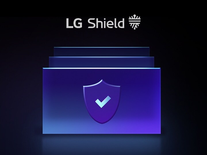 Layers of icons stacked with shield and checkmark in the front to showcase layers of security.