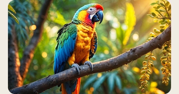 Lines animate across a very dull and almost gray image of a parrot in a forest as if a supercomputer is analyzing the elements in the frame. A laser traces the parrot's silhouette and then it is enhanced to be brighter, sharper, and more colorful. The background also transforms from left to right, now with improved contrast, depth, and colors.