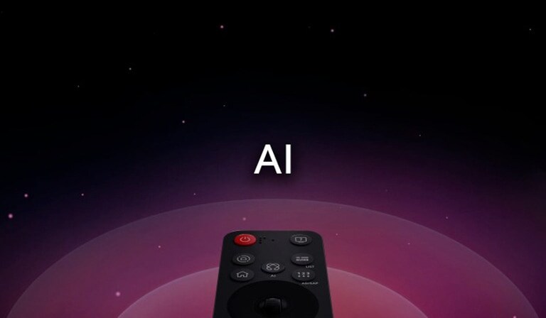 LG AI Magic Remote with the AI button highlighted. There is a graphic UI representation with icons of how the AI button allows users to access different AI functionality. The services include AI Voice ID, AI Search, AI Chatbot, AI Concierge, AI Picture Wizard, and AI Sound Wizard. Functionality is then showcased as the cursor appears over an interface, showing how the remote cam be used like an air mouse to just point and click.