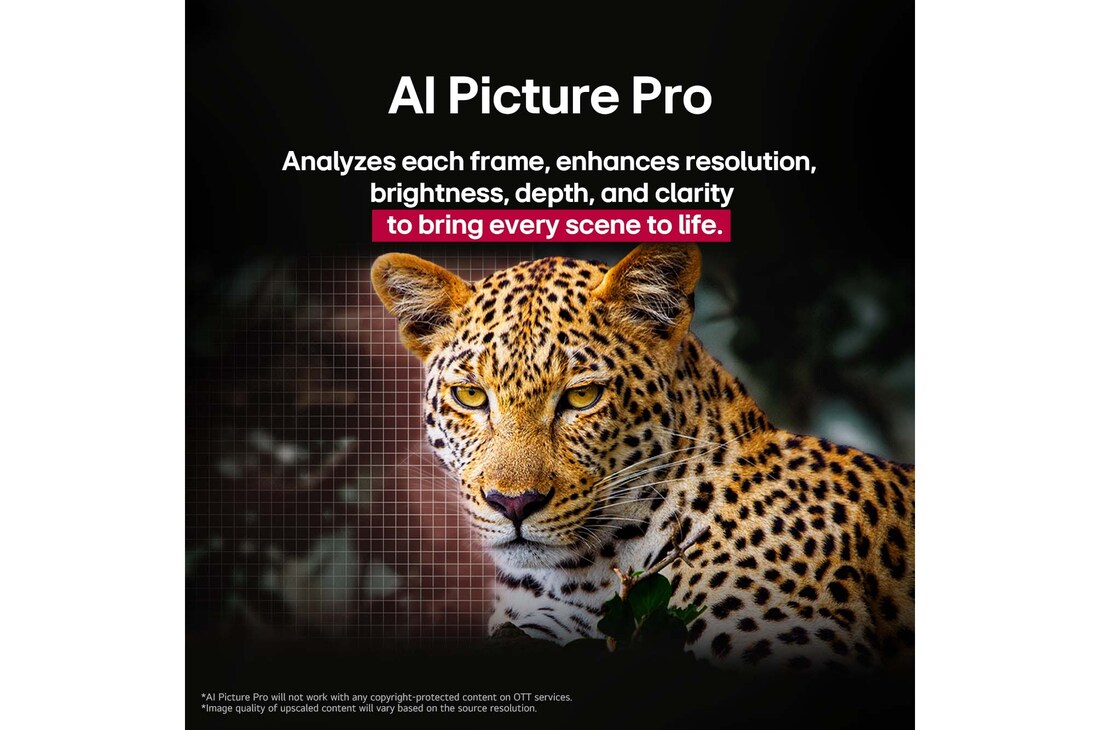 Leopard in the forest in vivid color and detail. The leopard has a grid and a light glowing behind it, indicating how LG AI Picture Pro made impressive visual enhancements to the scene's resolution, brightness, depth, and clarity.
