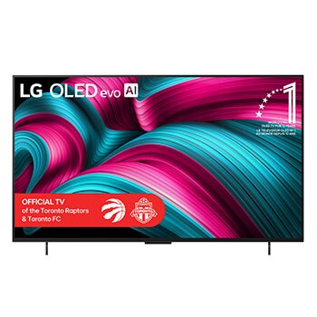 Front view of LG OLED evo AI C5 4K Smart TV. 12 Years of world number 1 OLED emblem and LG OLED evo AI 2025 logo are on the screen.