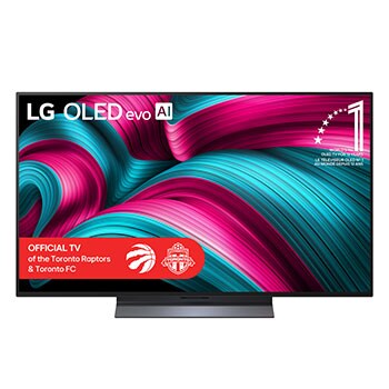 Front view of LG OLED evo AI C5 4K Smart TV. 12 Years of world number 1 OLED emblem and LG OLED evo AI 2025 logo are on the screen.