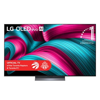 Front view of LG OLED evo AI C5 4K Smart TV. 12 Years of world number 1 OLED emblem and LG OLED evo AI 2025 logo are on the screen.