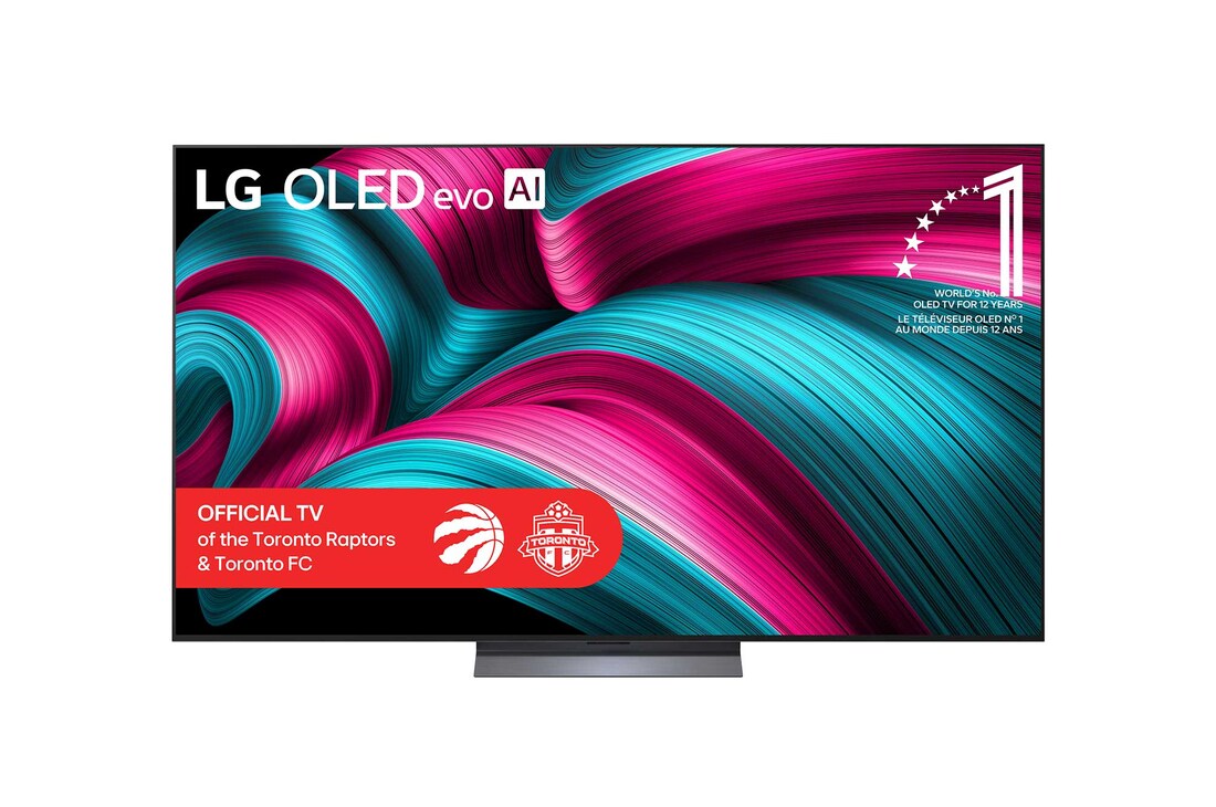 Front view of LG OLED evo AI C5 4K Smart TV. 12 Years of world number 1 OLED emblem and LG OLED evo AI 2025 logo are on the screen.