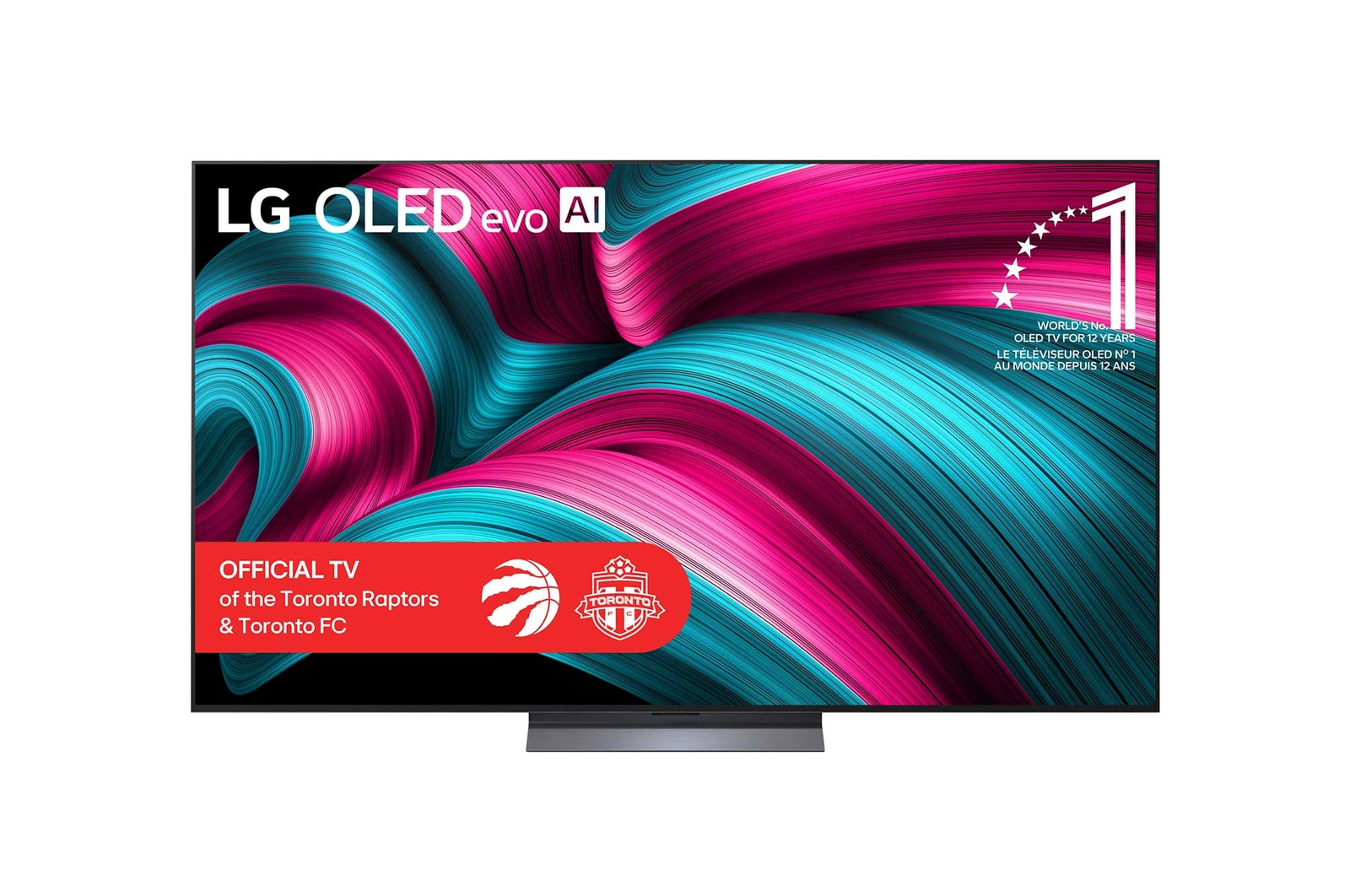Front view of LG OLED evo AI C5 4K Smart TV. 12 Years of world number 1 OLED emblem and LG OLED evo AI 2025 logo are on the screen.