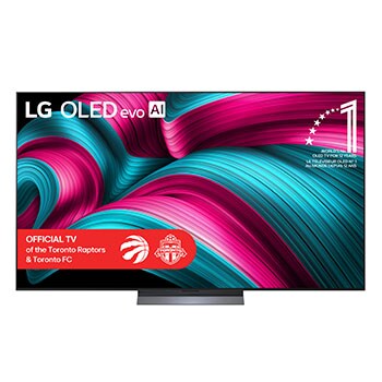 Front view of LG OLED evo AI C5 4K Smart TV. 12 Years of world number 1 OLED emblem and LG OLED evo AI 2025 logo are on the screen.