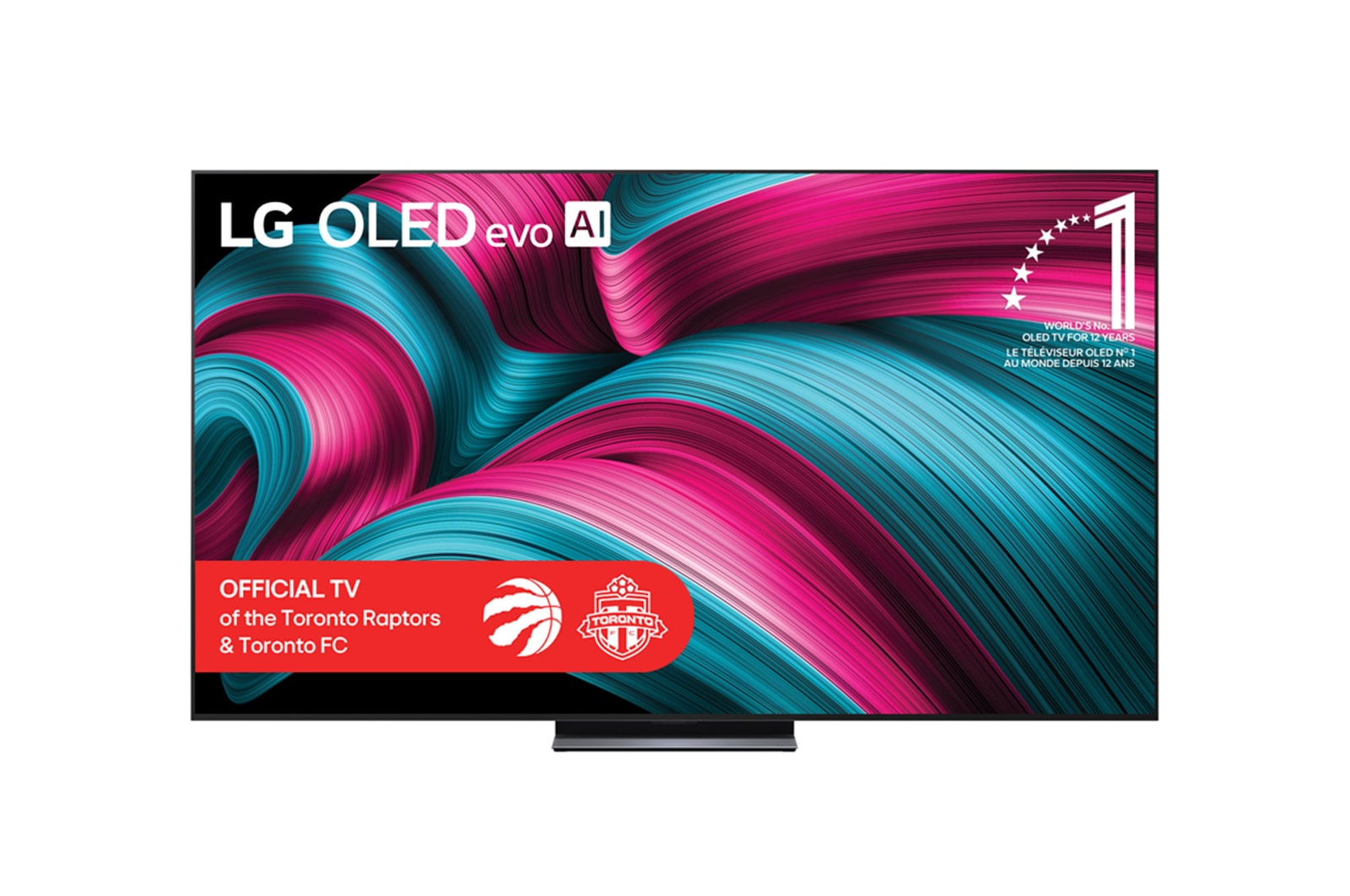 Front view of LG OLED evo AI C5 4K Smart TV. 12 Years of world number 1 OLED emblem and LG OLED evo AI 2025 logo are on the screen.