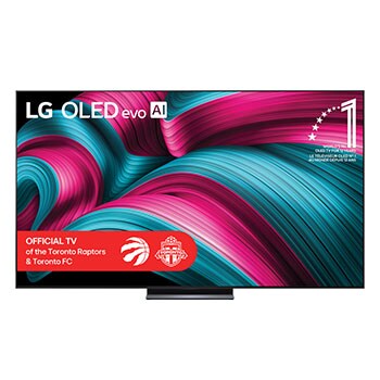 Front view of LG OLED evo AI C5 4K Smart TV. 12 Years of world number 1 OLED emblem and LG OLED evo AI 2025 logo are on the screen.