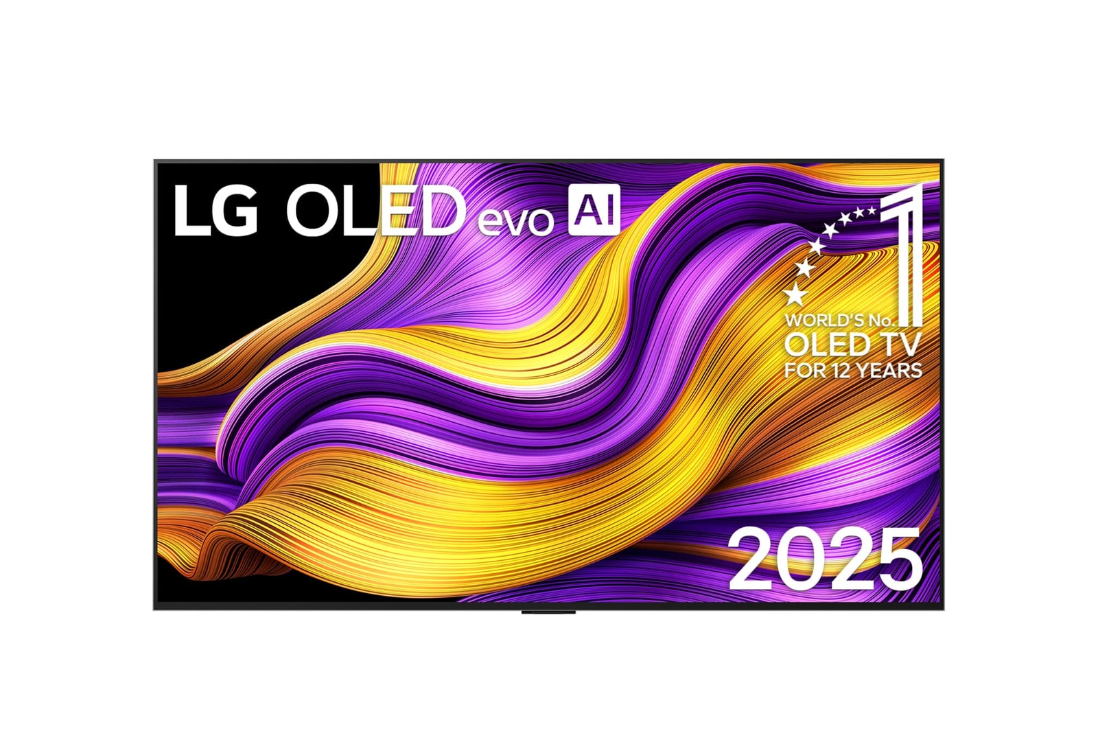 Front view of LG OLED evo AI G5 4K Smart TV. 12 Years of world number 1 OLED emblem and LG OLED evo AI 2025 logo are on the screen.