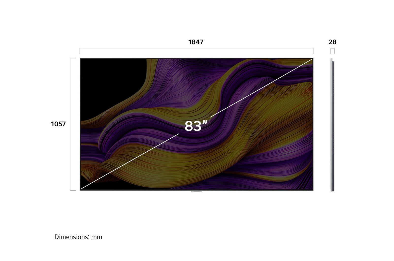 Front view and side view of LG OLED evo AI G5 4K Smart TV showing its length, width, height, and depth dimensions.