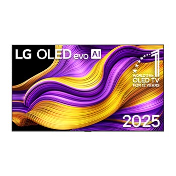 Front view of LG OLED evo AI G5 4K Smart TV. 12 Years of world number 1 OLED emblem and LG OLED evo AI 2025 logo are on the screen.