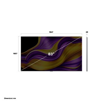 Front view and side view of LG OLED evo AI G5 4K Smart TV showing its length, width, height, and depth dimensions.