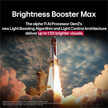 A space shuttle launching from the ground. The scene is split in the middle with one half slightly darker and duller. The other half shows how the rocket blast is remarkably bright, demonstrating how bright visuals can be on an LG OLED TV screen with the light emitting structure and lighting control architecture of Brightness Booster Max.